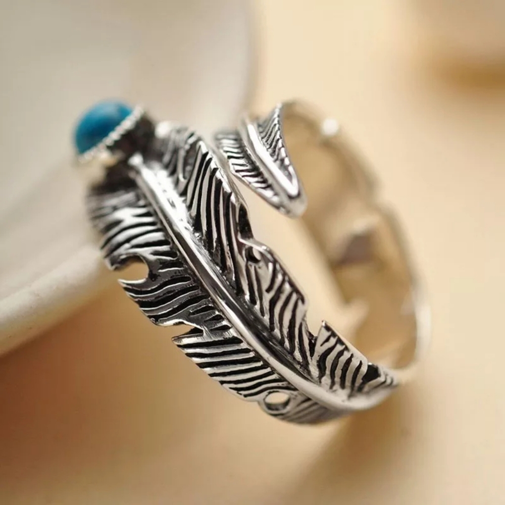 LAST! NEW 925 Sterling Silver Feather Turquoise Ring | Adjustable Size - Picture 10 of 16